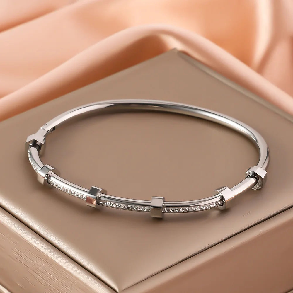Trendy Round Cubic Zirconia Bangles For Women Men Gold Color Silver Color Stainless Steel Crystal Bangle Party Jewelry