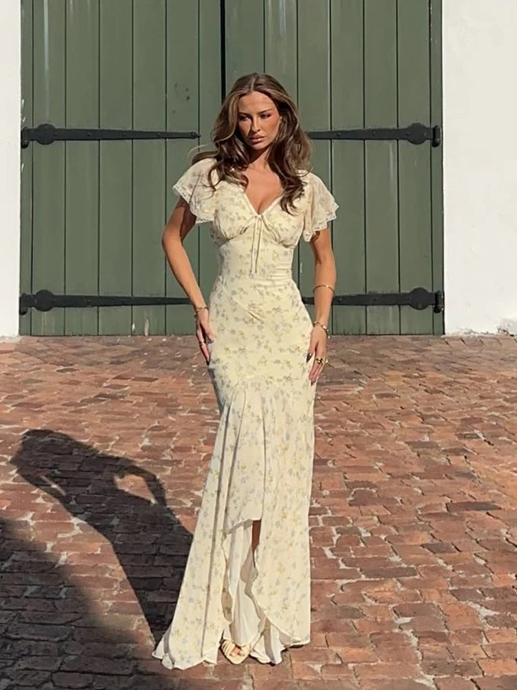 Organza Floral Printed Maxi Dress Women V Neck High Split Puff Sleeve Waist Cinching Ruffle Long Dresses Vacation Summer Outfits