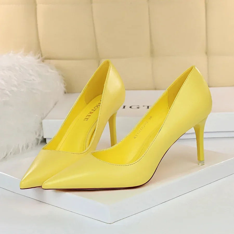 Woman Fashion Career Formal 7.5cm 10.5cm High Heels Colorful Shoes Lady Sweet Blue Yellow Wedding Scarpins Pumps Plus Size 34-43