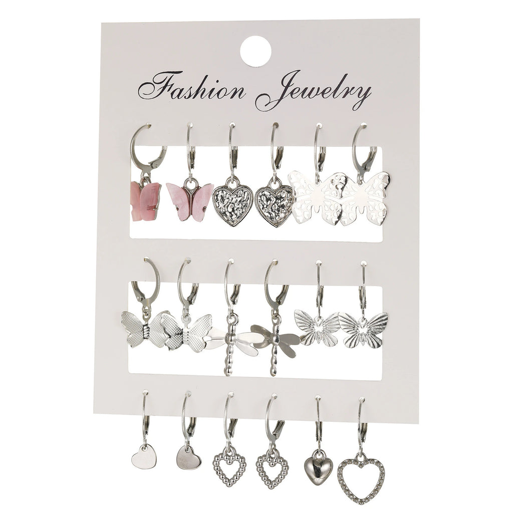 9 Pcs Cute Butterfly Heart Drop Earrings Set Fashion Gold Silver Color Girls Geometric Metal Acrylic Earrings 2024 Jewelry Gifts