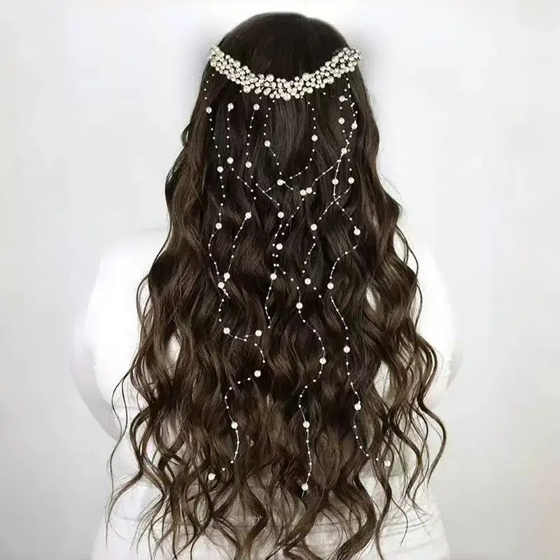 Bridal Pearl Long Tassel Hair Comb Wedding Headpiece Sparkly Beaded Hair Accessories Women Elegant Wedding Party Hair Ornament