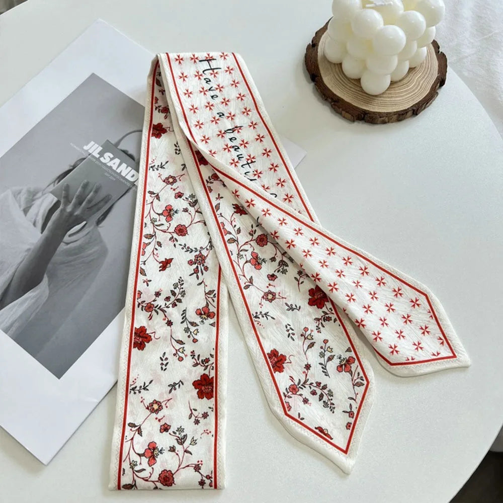 Summer Versatile Satin Silk Ribbon Scarf Long Thin Narrow Bag Strap Fresh Floral Hair Tie for Women