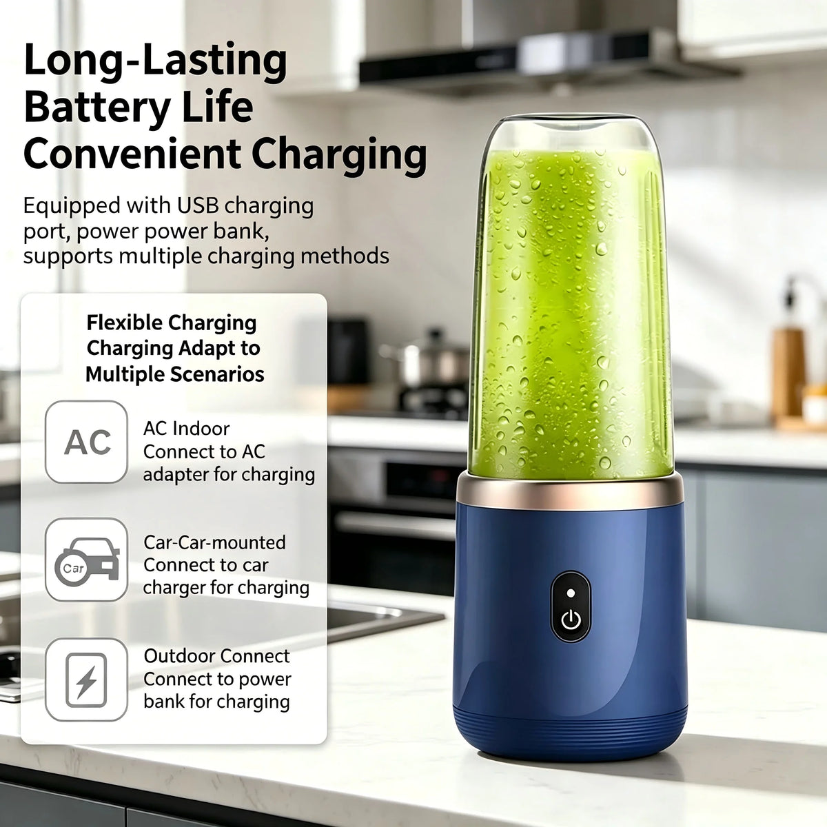 Portable Mini Blender Cup, USB‑C Rechargeable Personal Electric Juicer, Small Fruit Smoothie Mixer for Travel Home Car Outdoor Use