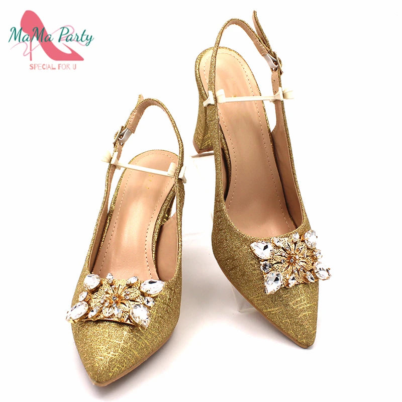 Nigerian Women Shoes and Bag Set in Gold Color High Quality New Arrivals Classics Style for Garden Party