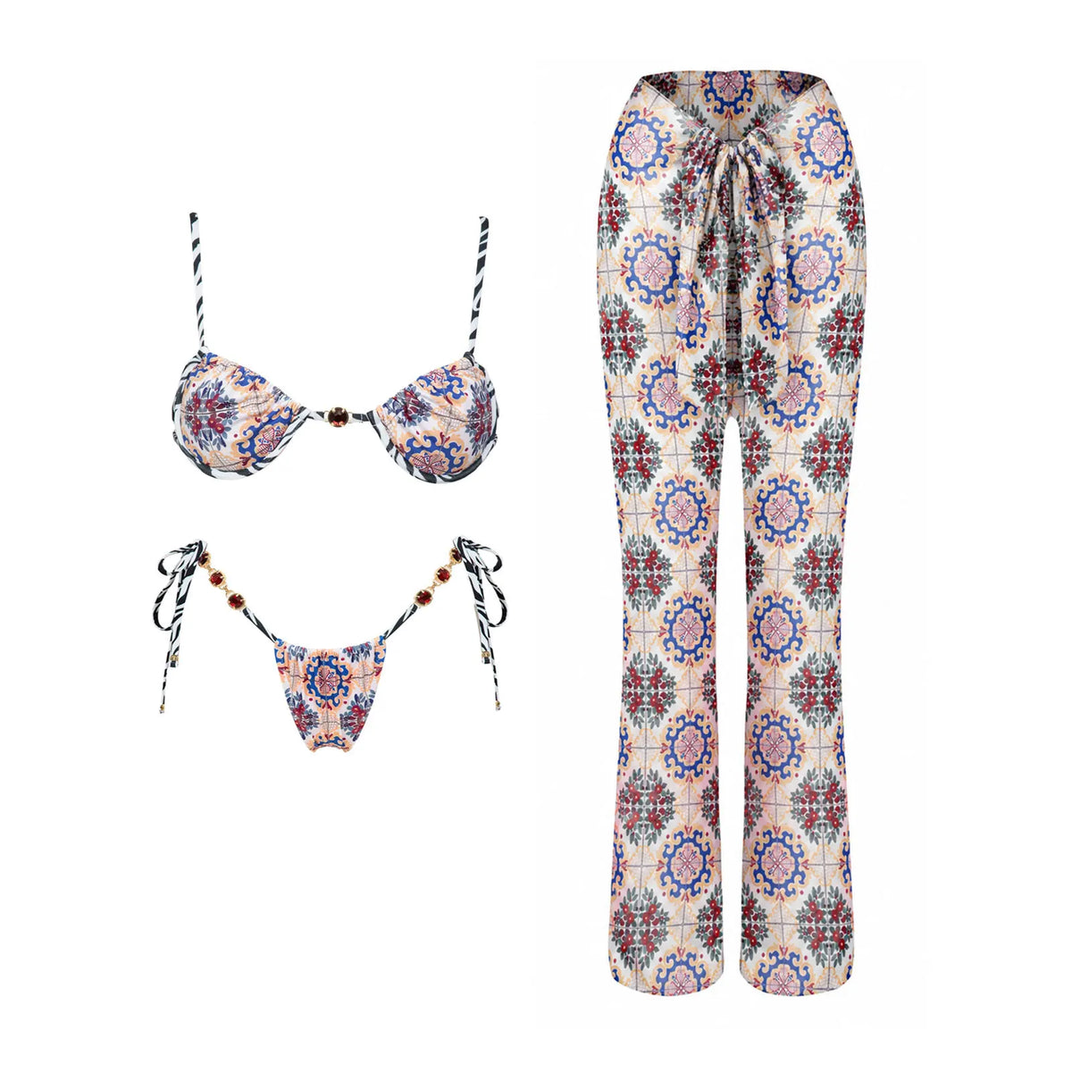 Push Up 2026 New Retro Prints 3 Pieces Bikinis Sets With Mesh Pants Beachwear Sexy Women's Swimsuit Cover-ups Strappy Beach Wear