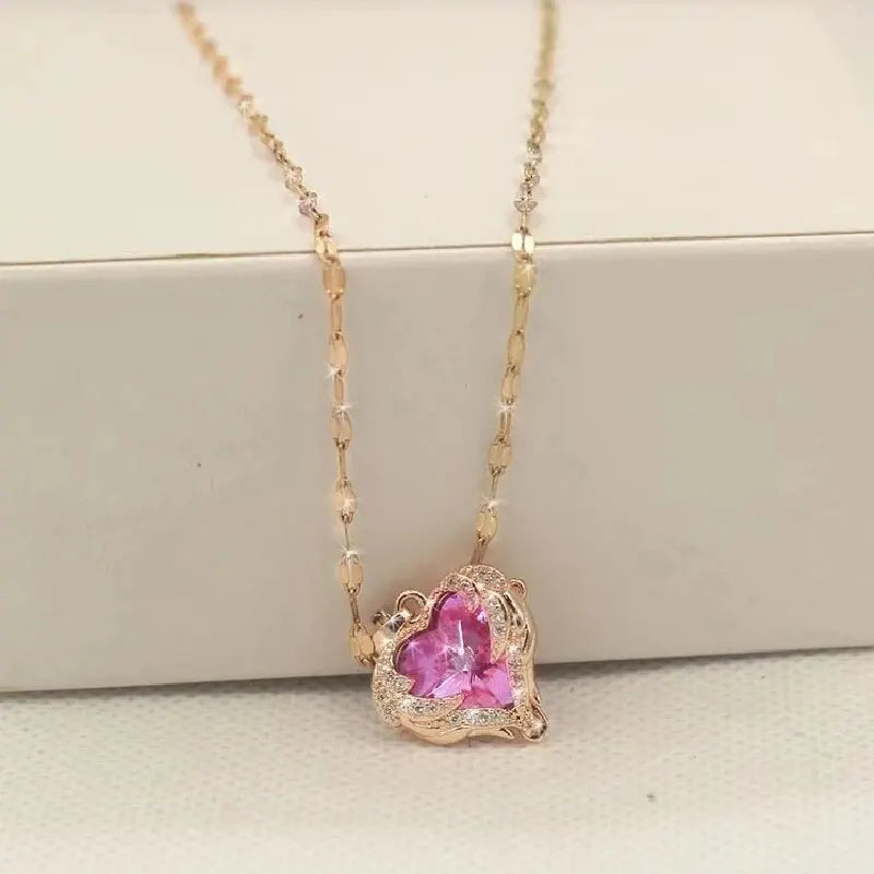 1 Pcs Romantic Couple Glass Encrusted Bronze Zircon Ocean Heart Pendant Combination Of Titanium Steel Chain