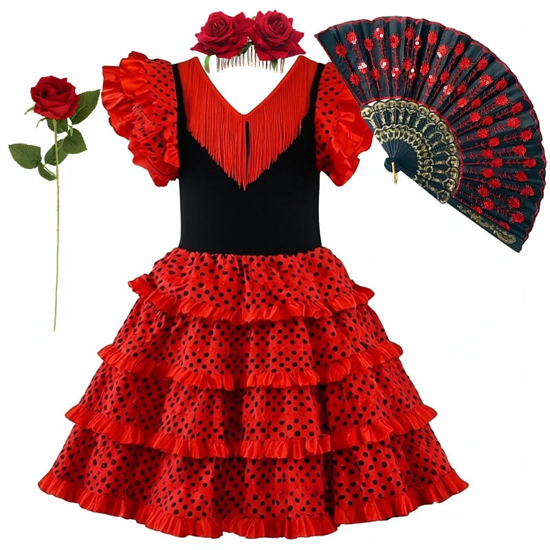 Girls Spanish Flamenco Dress Red Polka Dot Cake Puff Kids Carnival Halloween Party Stage Show Cosplay Festival Dance Costume