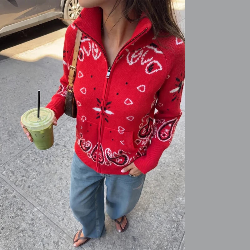 Street Printed Women's Cardigan Knitted Full Sleeve Zippers Stand Collar Pocket Lady Coats 2026 Autumn Chic Female Streetwear