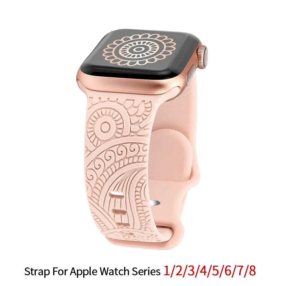 Hot Engraved Pattern Silicone Band For Apple Watch 42mm 46mm 38mm 40mm 41mm Sport Loop Strap For Iwatch Series 10 9 8 Ultra 7 6