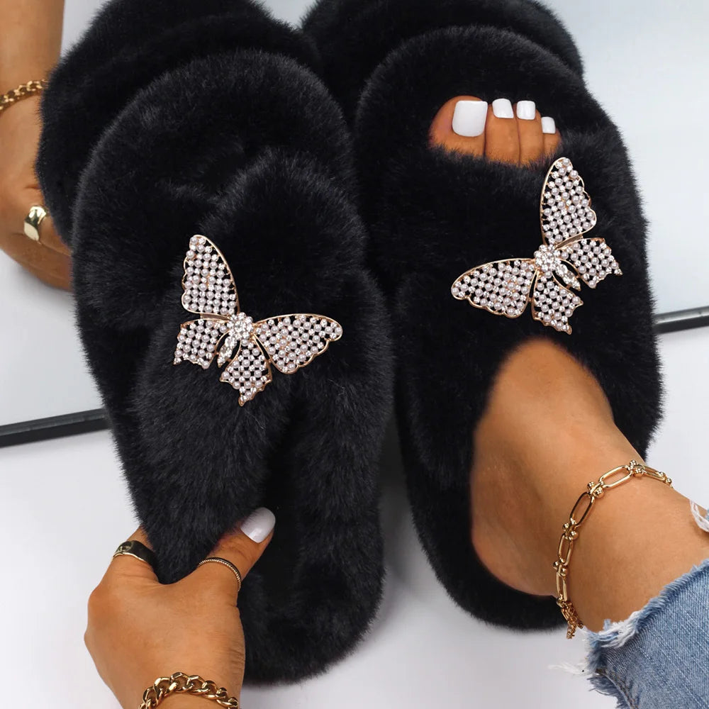 Women Furry Fur Slippers Soft Faux Fur Slides Ladies Plush House Slippers Cross Strap Open Toe Flat Sandals Fluffy Warm Shoes