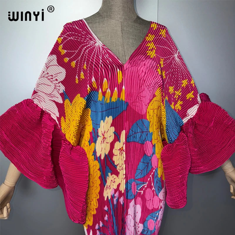 WINYI boho Pleated Elastic Slim Dress for Muslim Women Beach Cover up Kaftan Abaya Dubai Luxury Long down Holiday Evening Wear