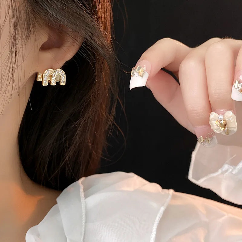 Double-sided Zircon Dripping M Letter Light Luxury High-end Hoop Earrings French Personality DesignTemperament Earring K
