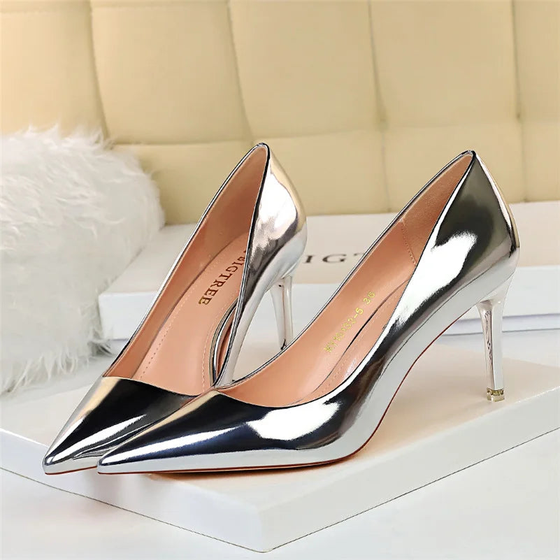 Women Mteallic Patent Bronze Leather Pumps 7.5cm 10.5cm High Heels Lady Stiletto Middle Low Heels Wedding Bridal Silver Shoes