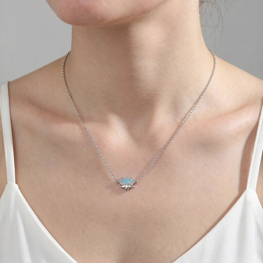 Skyrim Lotus Pendant Necklace for Women Stainless Steel Gold Color Cubic Zirconia Flower Clavicle Chain Spiritual Yoga Jewelry