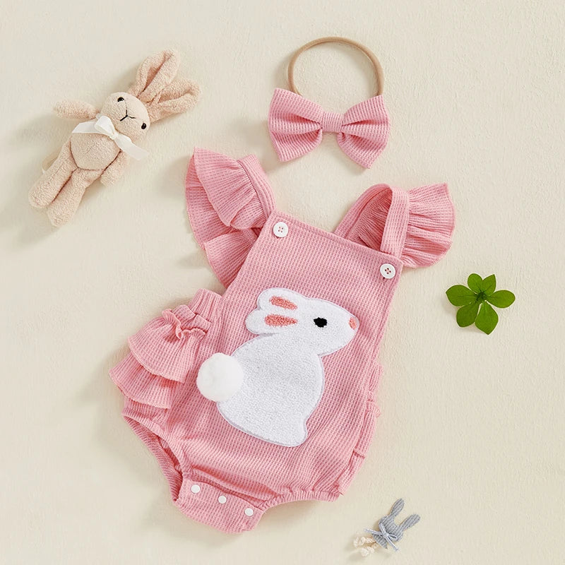 Newborn Baby Girl Easter Outfit Carrot Embroidery Romper Waffle Ruffle Bodysuit Headband Summer Outfit 0-18M
