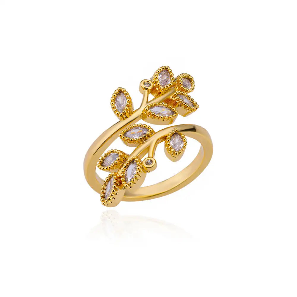 Luxury Zircon Double Layer Leaf Rings For Women Gold Color Stainless Steel Ring Boho Couple Jewelry Accesorios anillos mujer