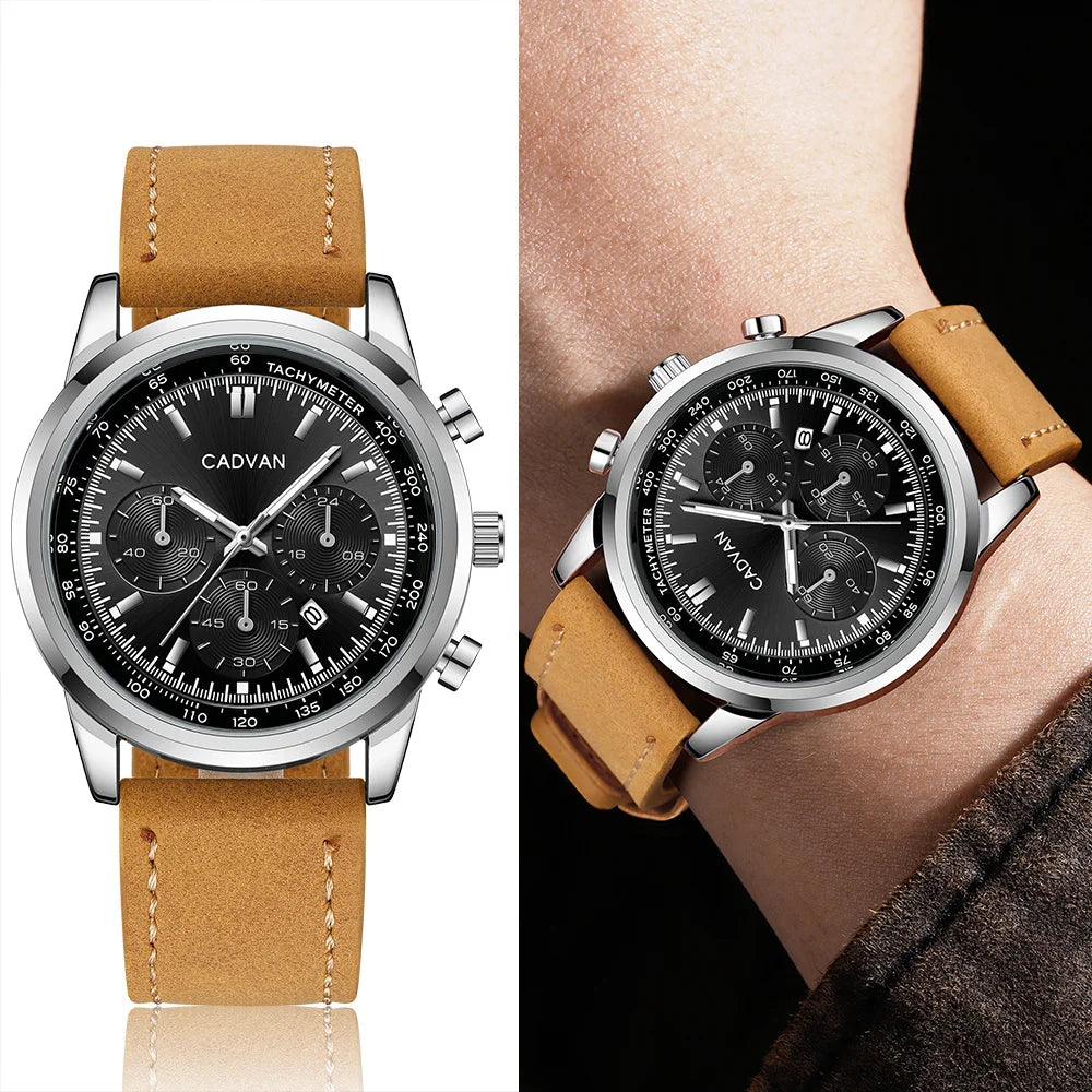 CADVAN Men's Retro Round Watch, Fake Three Eye Design Calendar Quartz Watch, Available in Two Colors - Comes with Packaging Box