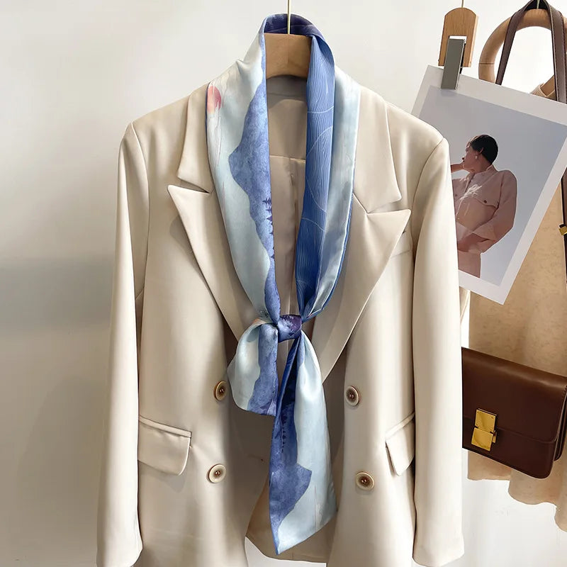 Floral Print 12*145cm Long Ribbon Silk Scarf Women Neck Scarves Headband Female Skinny Neckerchief Hair Band Neck Tie Bag Ribbon