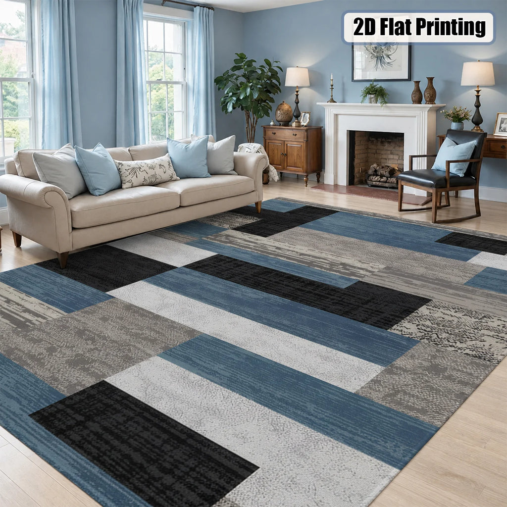 Large Indoor Area Rug Soft Velvet Low Pile with Non-Slip Dotted Backing, Machine Washable Modern Geometric Blue Gray Black Rug for Living Room Bedroom