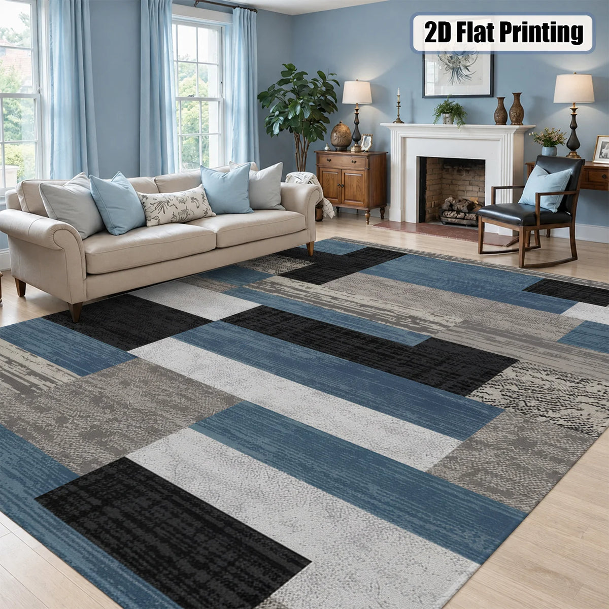 Large Indoor Area Rug Soft Velvet Low Pile with Non-Slip Dotted Backing, Machine Washable Modern Geometric Blue Gray Black Rug for Living Room Bedroom