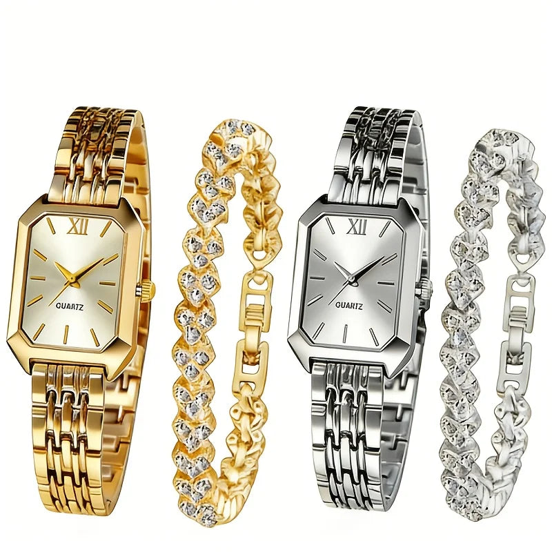 4PCS/Set Elegant Rectangle Women Watches Fashion Ladies Quartz Wristwatch Heart Bracelets Set Reloj Mujer Clock（Without Box）