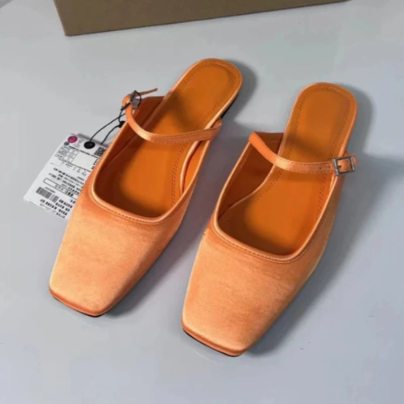 Summer Flat Sandals Woman 2026 New Square Toe Buckle Strap Breathable Satin Leisure Slingbacks Chic Mules Shoes for Ladies