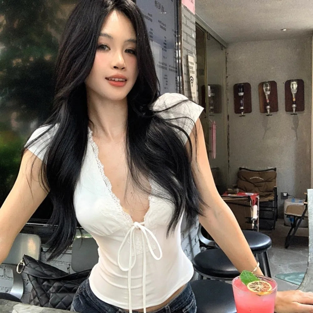 Chic V Neck Slim Crop Tops Short Sleeve Sweet Bottoming T-shirt Lace Elastic Camisole Streetwear