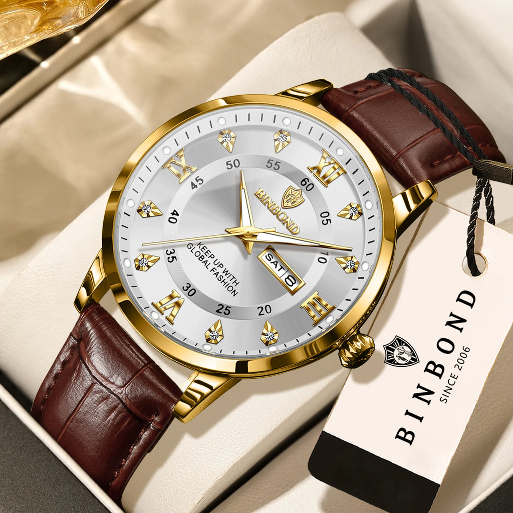 BINBOND quartz watches for men luxury sturdy luminous waterproof auto date week display accurate men's watch business reloj