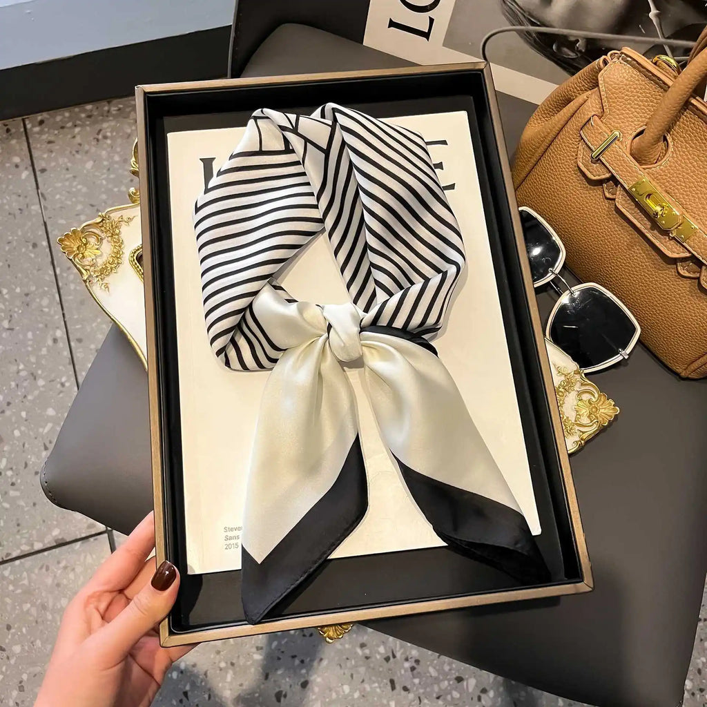 Elegant Geometric Striped Square Scarf for Women Satin Fashion Wraps Neckerchief Female Hair Bands Ribbon Headband Bandana