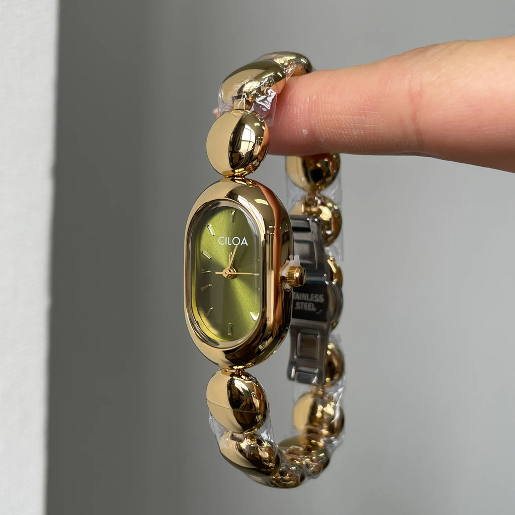 CILOA Women Oval Quartz Watch Green Dial Golden Bead Metal Bracelet Elegant Casual Wrist Watch-767
