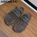 2025 Summer Round Wrap Toe Flat Half Slippers Women Suede Leather Tassels Platform Mules Ladies Outdoor Casual Beach Shoes Mujer