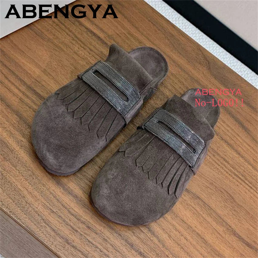 2025 Summer Round Wrap Toe Flat Half Slippers Women Suede Leather Tassels Platform Mules Ladies Outdoor Casual Beach Shoes Mujer