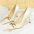 Women 8cm High Heels Stiletto Pumps Pointed Toe Wine Red Middle Heels Office Lady Metal Chain Leather Wedding Prom Replica Shoes
