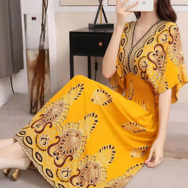 2025 Summer New Casual Elegant Retro Bohemian Style V-neck Elastic Waist Large Swing Printed Long Skirt Autumn Summer Dress