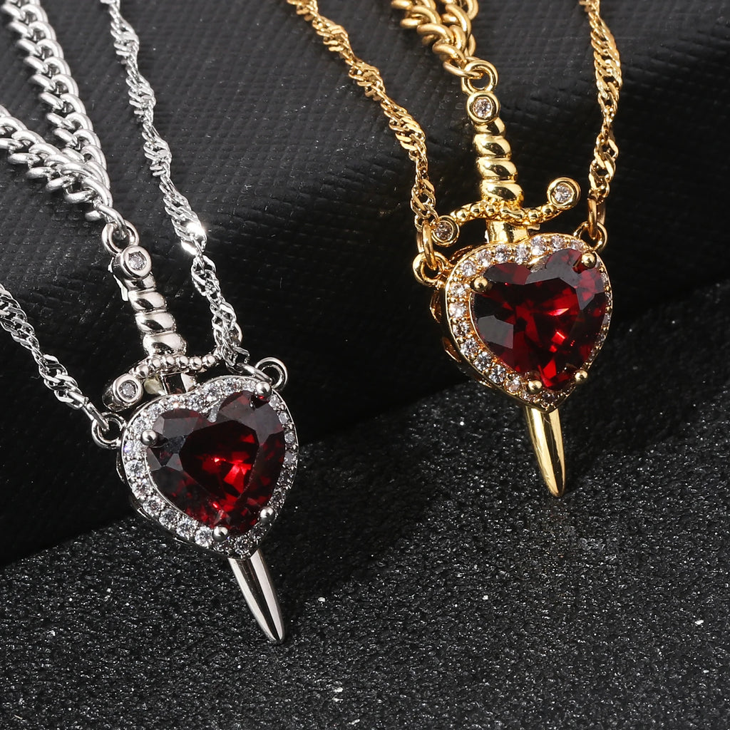 LATS 2pcs Can Be Assembled Heart and Sword Zircon Pendant Necklace for Women Men Couple Silver Gold Plated Choker Chain Jewelry