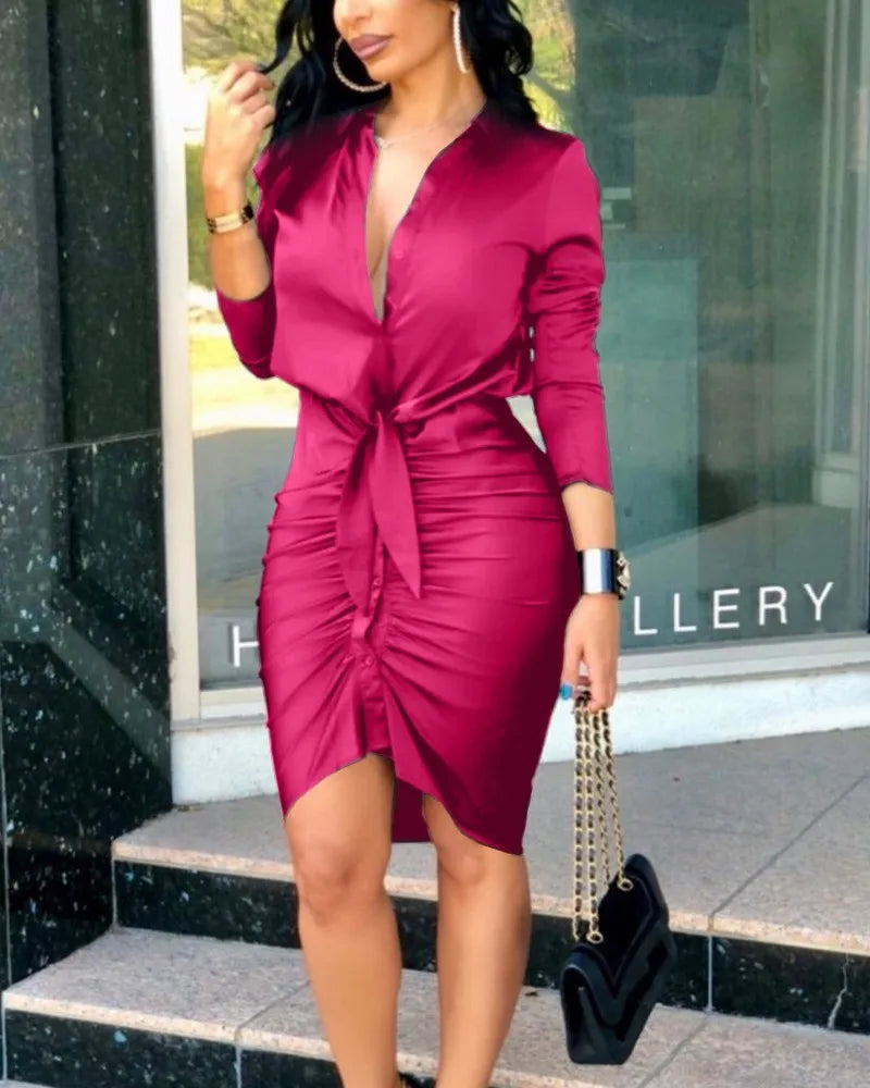Summer Autumn New Elegant Ladies's Dress 2024 V-neck Strap Solid Color Elastic Waist Bag Hip Printed Long Sleeve Shirt Dress