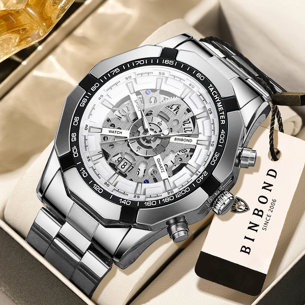BINBOND Luxury hollow-out quartz wristwatch for men luminous waterproof chronograph men's watch business sport fashion reloj