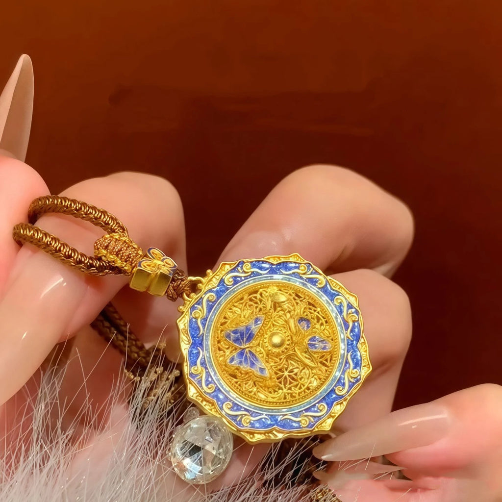 Luxury 9999 24K Solid gold certifid butterfly gold wire carved enamel diamond butterfly necklace women's gold clavicle chain