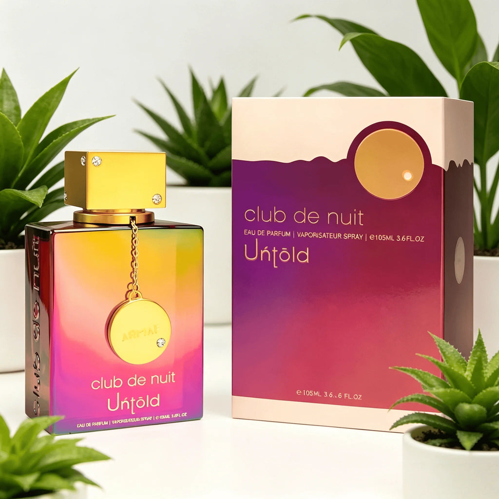 ARMFA Club De Nuit Untold Eau de Parfum 105ML With Original Sunset Gradient Gift Box Long Lasting Rich Sweet Floral Vanilla Musk Fragrance Women Perfume Iridescent Rainbow Square Bottle Gold Chain Pendant Cap Glam Night Scent