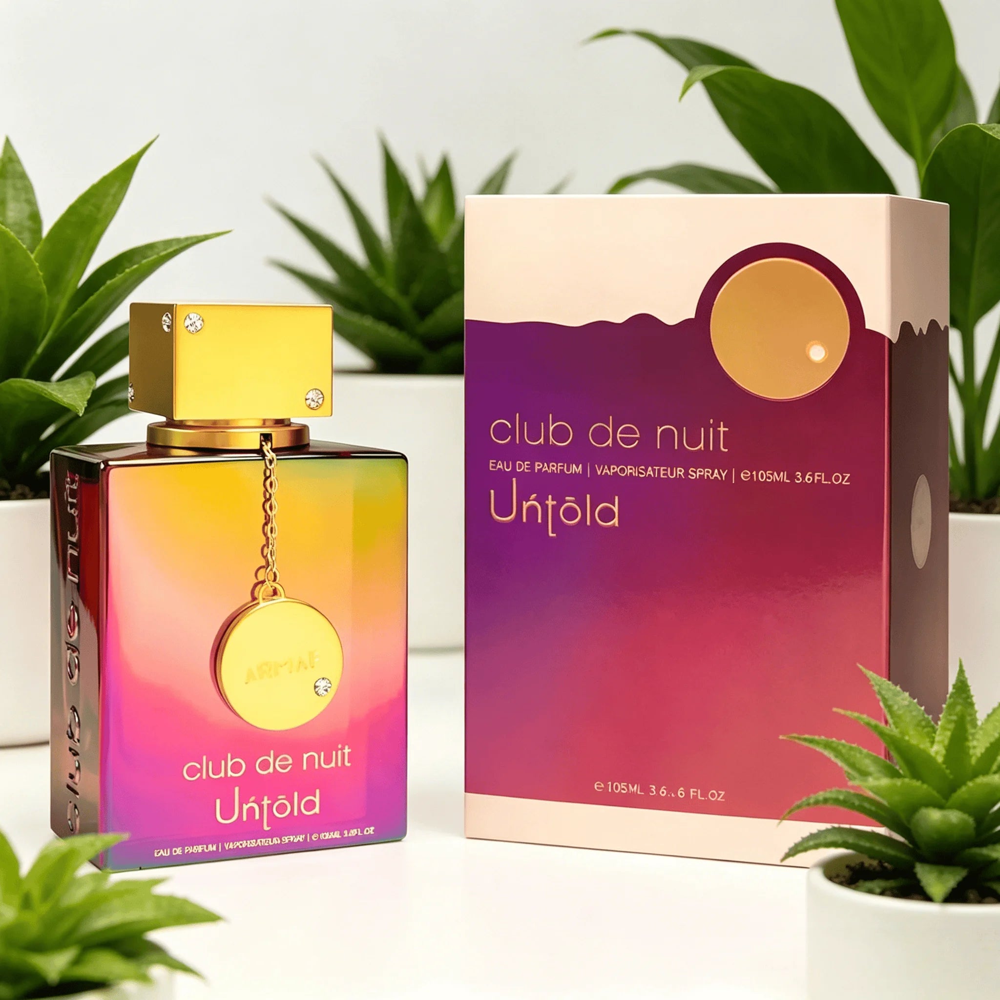 ARMFA Club De Nuit Untold Eau de Parfum 105ML With Original Sunset Gradient Gift Box Long Lasting Rich Sweet Floral Vanilla Musk Fragrance Women Perfume Iridescent Rainbow Square Bottle Gold Chain Pendant Cap Glam Night Scent