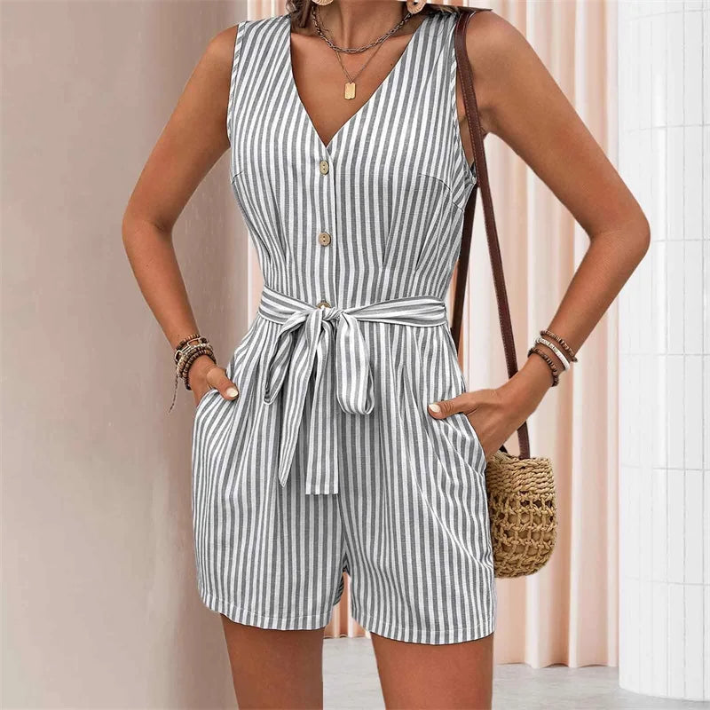 Lamuusaa Women Playsuit Summer Stripe Print V Neck Sleeveless Loose Shorts Jumpsuit Romper with Belt and Pockets Streetwear