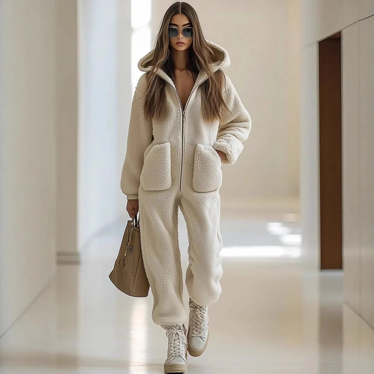 Autumn Winter Style Hooded Pocket Loose Straight Jumpsuit Sports Style Solid Color Monos Casuales Ropa De Dama Casual Jumpsuits