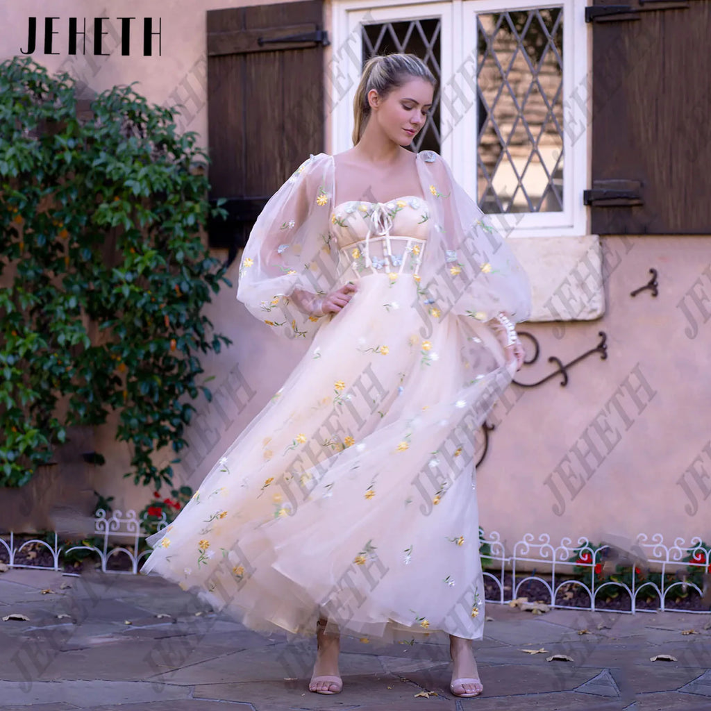 JEHETH Fairy Floral Print Prom Dress Sweetheart Long Puff Sleeves Embroidery Lace A-Line Champagne Evening Gowns Ankle Length