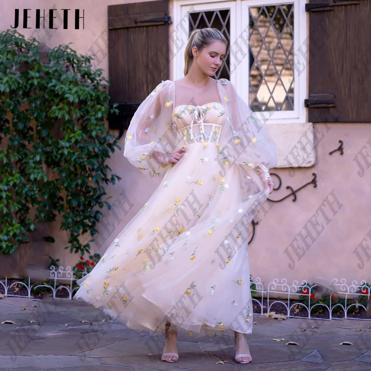 JEHETH Fairy Floral Print Prom Dress Sweetheart Long Puff Sleeves Embroidery Lace A-Line Champagne Evening Gowns Ankle Length