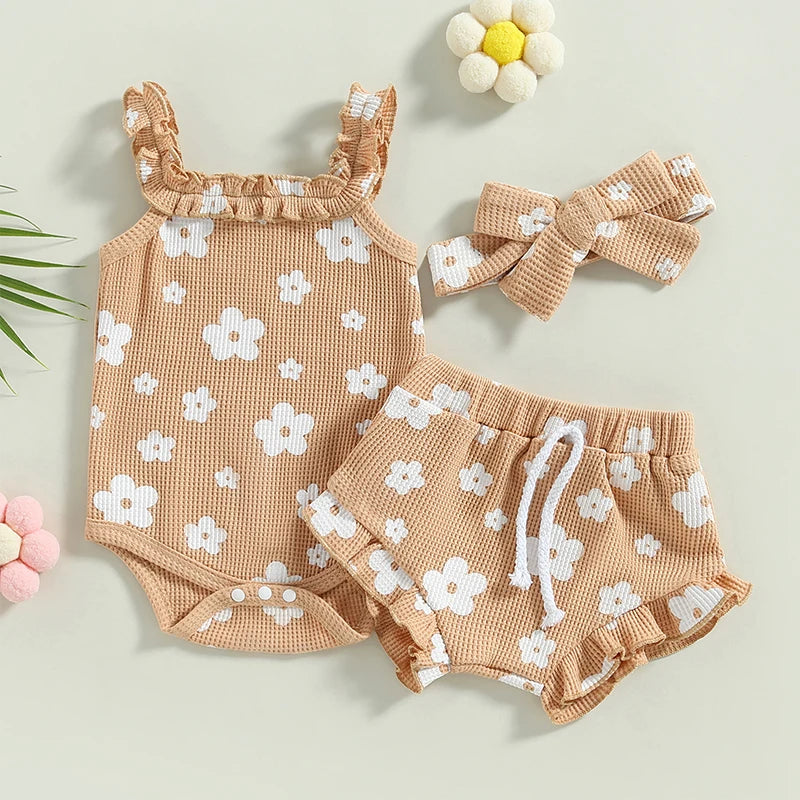 0-18Months Baby Girls 3Pcs Summer Outfits Floral Sleeveless Strap Romper + Shorts + Headband Set