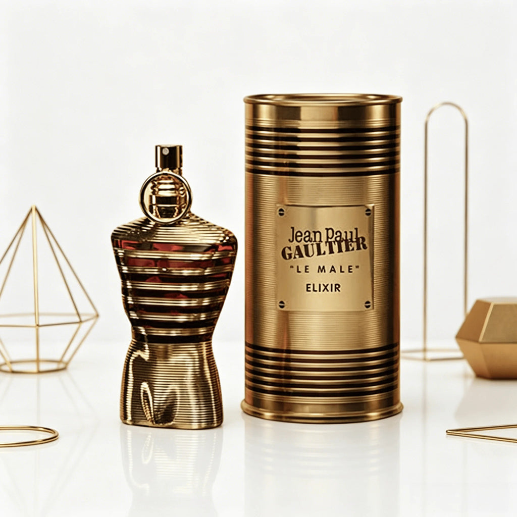 Jean Paul Gaultier Le Male Elixir EDP 75ML Perfume For Men Warm Vanilla Cardamom Woody Aroma Long Lasting Shiny Gold Metallic Striped Body Bottle With Gold Ring Cap Complete Gold Tin Box Dating Anniversary Present