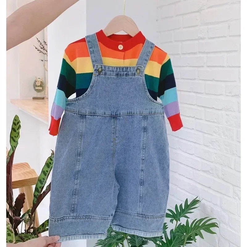 Autumn New Children Loose Overalls Boys Girls Casual All-Match Denim Trousers Spring Fall Solid Outwear 1-7Y Kids Bib Pants