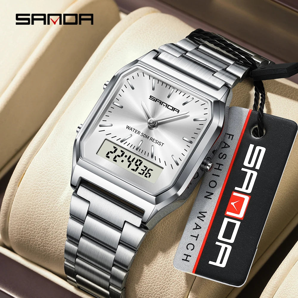 SANDA 747 Men's Quartz Digital Watch Waterproof Casual Fashion Watch Wear-resistant Stainless Steel Couple Strap Square Watch