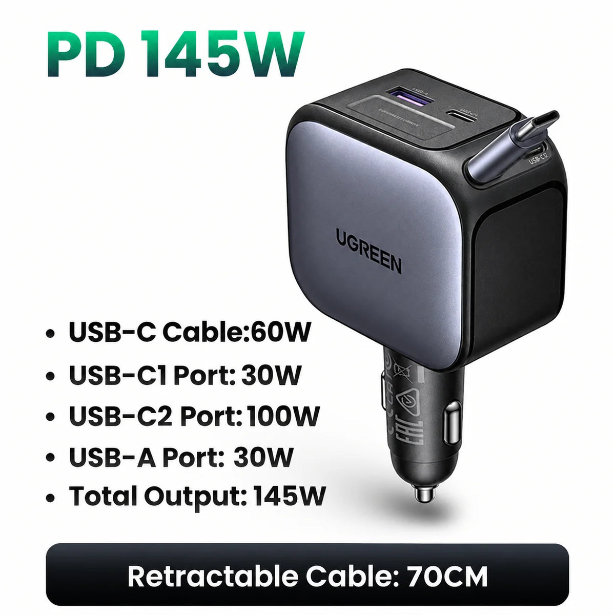 UGREEN 145W 90W 60W Car Charger 3 USB-C & 1 USB-A Ports PD QC4.0 Fast Charging with Retractable Cable for iPhone 18 Pro MacBook