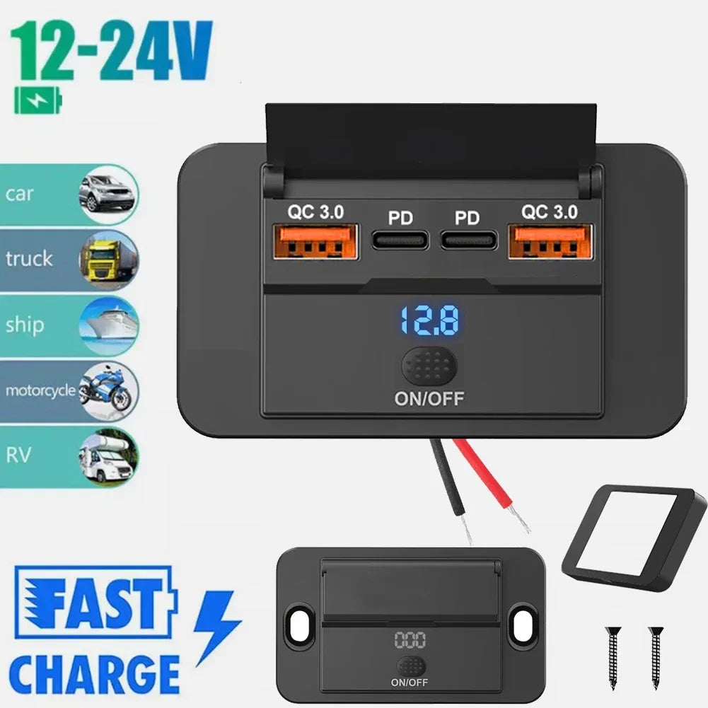 Car Charger Socket Adapter with Switch, 2-4-Ports Charging Splitter, Outlet for Bus, RV, ATV,Truck,Boat,Outlet,12V,24V, PD,QC3.0